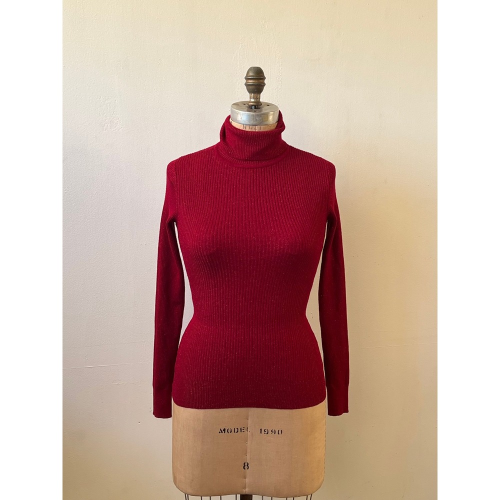 Cache Red Ribbed Knit Metallic Shimmer Turtleneck Long Sleeve Sweater Top XS